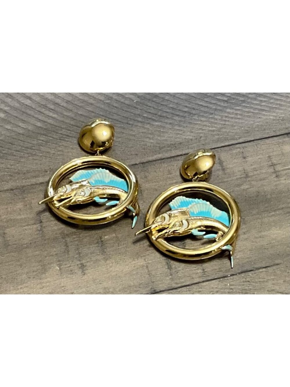 Zoe Coste France   Marlin Fish Clip On Earrings Enamel Gold  Tone Oversized